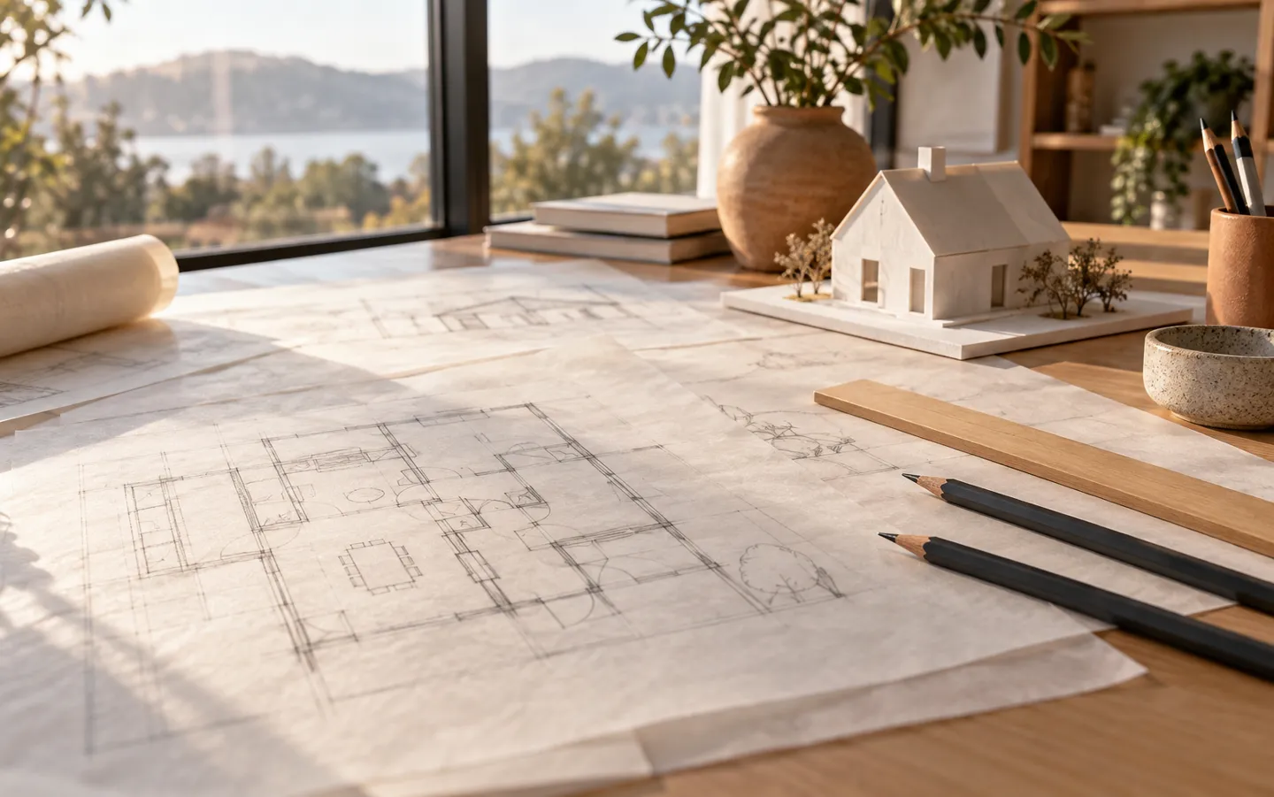 A sunlit drafting table with pencil floor plans on tracing paper, pencils, a wooden ruler and a small white card model of a house
