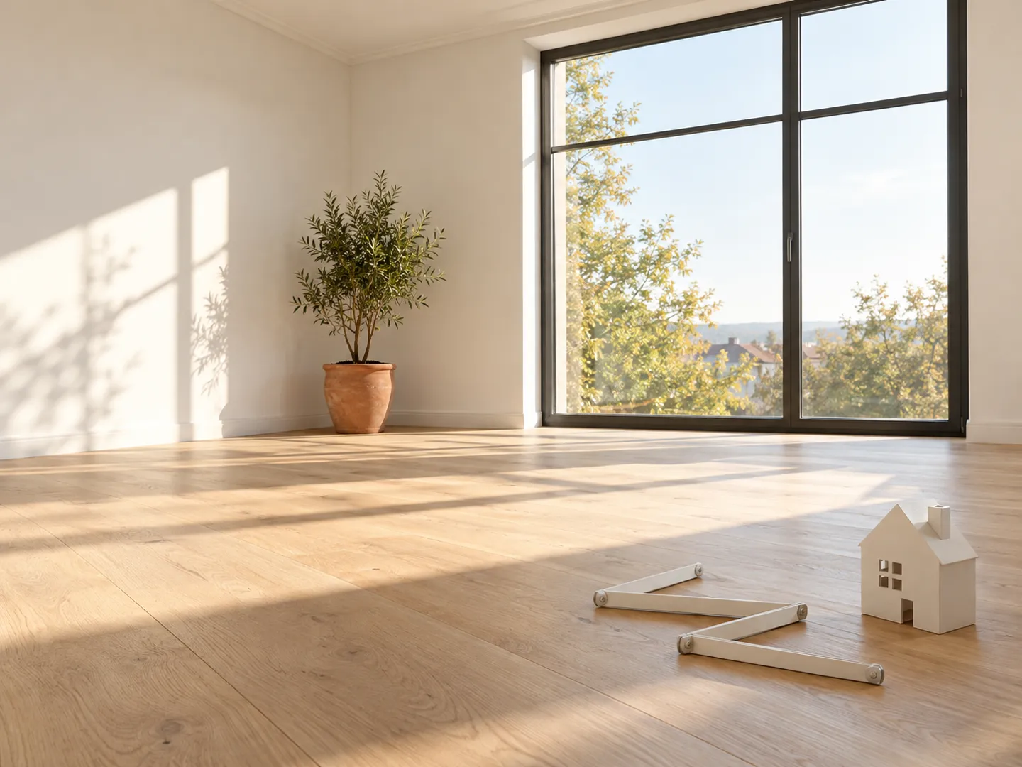 An empty sunlit room with pale oak floorboards, a tall dark-framed window, a potted olive tree, a folding rule and a small white card house