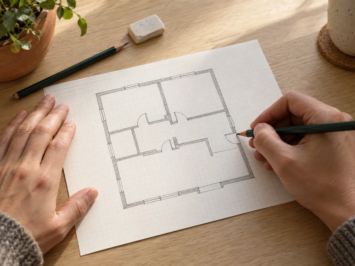 Two hands drawing a simple house floor plan in pencil on squared paper, with an eraser and a spare pencil on a wooden table
